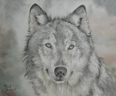 Painting titled "Jeune loup" by Muriel Besnard, Original Artwork, Ink Mounted on Wood Stretcher frame