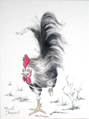 Painting titled "Le coq" by Muriel Besnard, Original Artwork, Ink