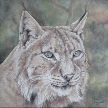 Painting titled "Le lynx" by Muriel Besnard, Original Artwork, Ink Mounted on Wood Stretcher frame