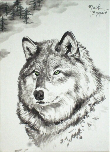 Peinture intitulée "Domaine du loup" par Muriel Besnard, Œuvre d'art originale, Encre