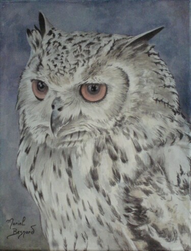 Painting titled "Hibou tranquille" by Muriel Besnard, Original Artwork, Ink Mounted on Wood Stretcher frame