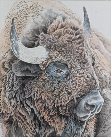 Ζωγραφική με τίτλο "Le bison" από Muriel Besnard, Αυθεντικά έργα τέχνης, Μελάνι Τοποθετήθηκε στο Ξύλινο φορείο σκελετό