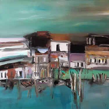 Painting titled "La laguna, lunga" by Muriel Cayet, Original Artwork, Acrylic Mounted on Wood Stretcher frame