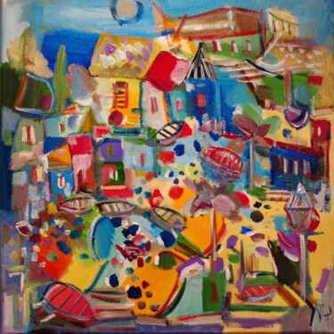 Painting titled "Un port d'escale" by Muriel Cayet, Original Artwork, Acrylic