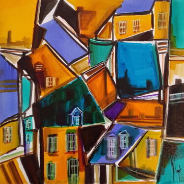 Painting titled "Les toits bleus" by Muriel Cayet, Original Artwork