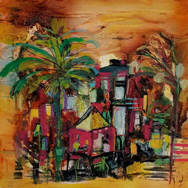 Painting titled "Palm Villa" by Muriel Cayet, Original Artwork, Acrylic