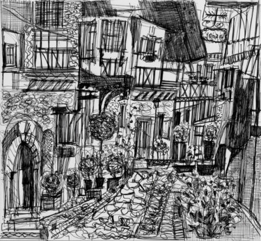 Drawing titled "Cour de ville - Col…" by Muriel Cayet, Original Artwork