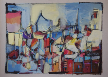 Peinture intitulée "La ville avec les y…" par Muriel Cayet, Œuvre d'art originale, Acrylique