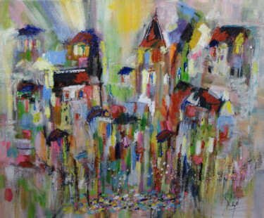 Peinture intitulée "Pastel colorful vil…" par Muriel Cayet, Œuvre d'art originale, Acrylique