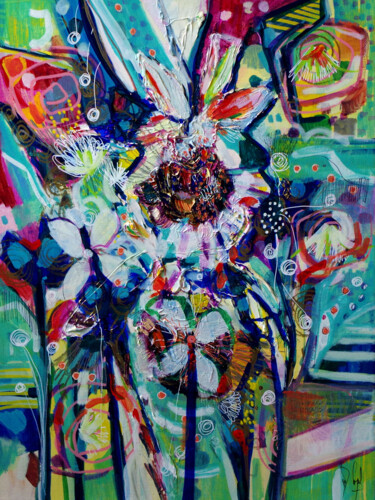 Malerei mit dem Titel "Coeur botanique" von Muriel Cayet, Original-Kunstwerk, Acryl