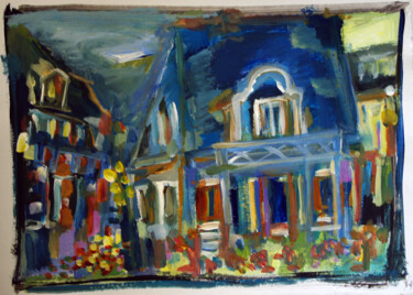Peinture intitulée "Maison bleue" par Muriel Cayet, Œuvre d'art originale, Acrylique