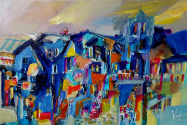 Painting titled "Les villas bleues" by Muriel Cayet, Original Artwork, Acrylic Mounted on Wood Stretcher frame