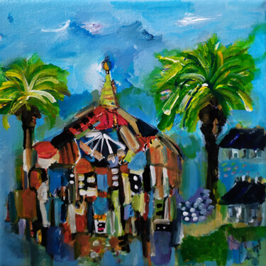 Painting titled "Le kiosque" by Muriel Cayet, Original Artwork, Acrylic Mounted on Wood Stretcher frame