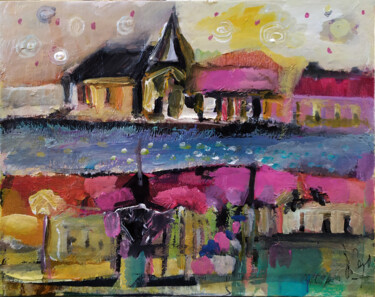 Painting titled "Sweet pink village" by Muriel Cayet, Original Artwork, Acrylic Mounted on Cardboard
