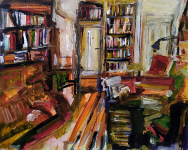 Painting titled "Le bureau d'Hadrien" by Muriel Cayet, Original Artwork, Acrylic Mounted on Cardboard