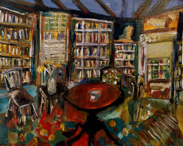 Painting titled "La bibliothèque" by Muriel Cayet, Original Artwork, Acrylic Mounted on Cardboard