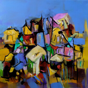 Painting titled "Village magicien" by Muriel Cayet, Original Artwork, Acrylic Mounted on Wood Stretcher frame