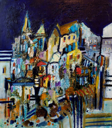 Painting titled "Nachtstadt" by Muriel Cayet, Original Artwork, Acrylic Mounted on Wood Stretcher frame