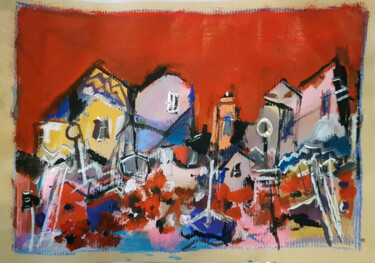 Malerei mit dem Titel "Village sans ombres" von Muriel Cayet, Original-Kunstwerk, Acryl