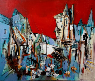 Painting titled "Faubourg au ciel ro…" by Muriel Cayet, Original Artwork, Acrylic Mounted on Wood Stretcher frame