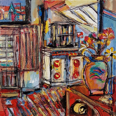 Painting titled "Intérieur au meuble…" by Muriel Cayet, Original Artwork, Acrylic Mounted on Cardboard