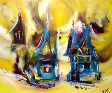 Peinture intitulée "La pagode de minuit" par Muriel Cayet, Œuvre d'art originale