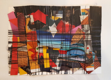 Collages titled "Au fil du temps" by Muriel Cayet, Original Artwork, Patchwork Mounted on Cardboard