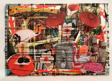 Collages titled "Au fil des jours" by Muriel Cayet, Original Artwork, Patchwork Mounted on Cardboard