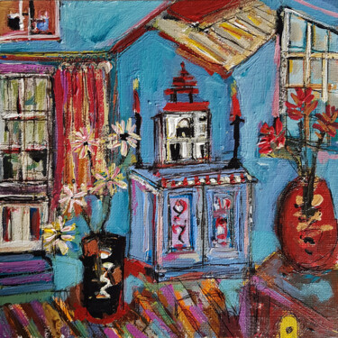 Painting titled "Chez Lison" by Muriel Cayet, Original Artwork, Acrylic Mounted on Cardboard