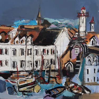 Painting titled "Le phare de Bon-Sou…" by Muriel Cayet, Original Artwork, Acrylic Mounted on Cardboard