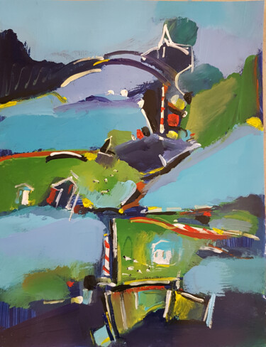 Malerei mit dem Titel "Vallée Bleue" von Muriel Cayet, Original-Kunstwerk, Acryl