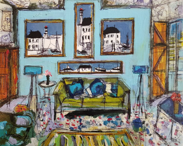 Painting titled "Intérieur en cohére…" by Muriel Cayet, Original Artwork, Acrylic Mounted on Cardboard