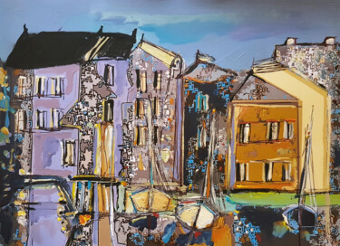 Painting titled "Port-Lilas" by Muriel Cayet, Original Artwork, Acrylic Mounted on Cardboard