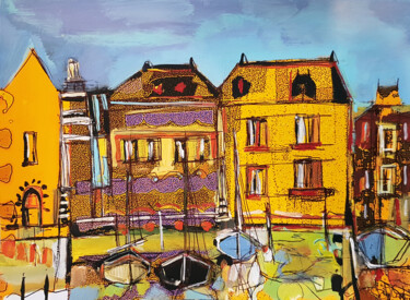Painting titled "Les façades dorées" by Muriel Cayet, Original Artwork, Acrylic Mounted on Cardboard