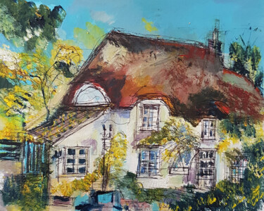 Painting titled "Faerie Cottage" by Muriel Cayet, Original Artwork, Acrylic Mounted on Cardboard