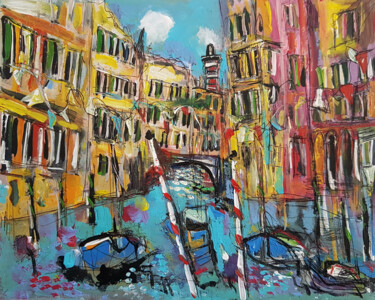 Painting titled "Petit Canal" by Muriel Cayet, Original Artwork, Acrylic Mounted on Cardboard