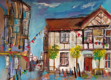 Painting titled "From Cowes to Cowes…" by Muriel Cayet, Original Artwork, Acrylic Mounted on Cardboard
