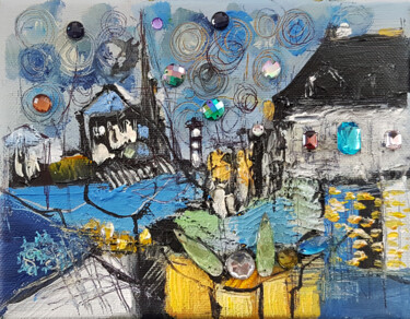 Painting titled "Seine-Port" by Muriel Cayet, Original Artwork, Acrylic Mounted on Wood Stretcher frame