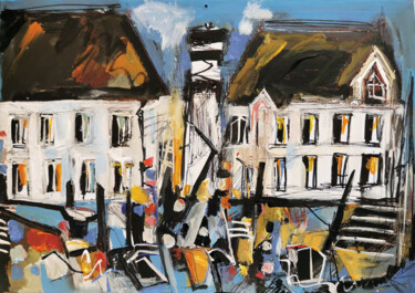 Painting titled "Les maisons s'ouvre…" by Muriel Cayet, Original Artwork, Acrylic Mounted on Cardboard
