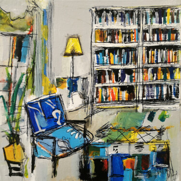 Peinture intitulée "Bibliothèque à la l…" par Muriel Cayet, Œuvre d'art originale, Acrylique Monté sur Carton