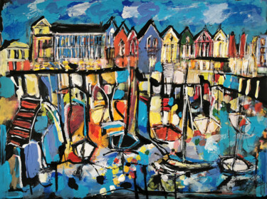 Painting titled "Port du Nord" by Muriel Cayet, Original Artwork, Acrylic Mounted on Cardboard