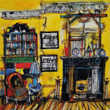 Malerei mit dem Titel "La cheminée" von Muriel Cayet, Original-Kunstwerk, Acryl Auf Karton montiert