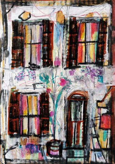 Malerei mit dem Titel "Rue des Granges" von Muriel Cayet, Original-Kunstwerk, Marker Auf Karton montiert