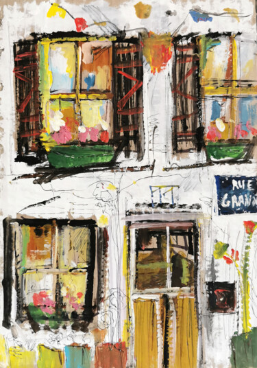 Painting titled "11 Rue Grande" by Muriel Cayet, Original Artwork, Acrylic Mounted on Cardboard