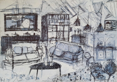 Painting titled "Salon bleu au table…" by Muriel Cayet, Original Artwork, Ballpoint pen Mounted on Cardboard