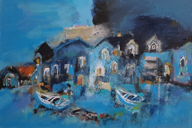 Painting titled "Barques en mesure" by Muriel Cayet, Original Artwork, Acrylic Mounted on Wood Stretcher frame