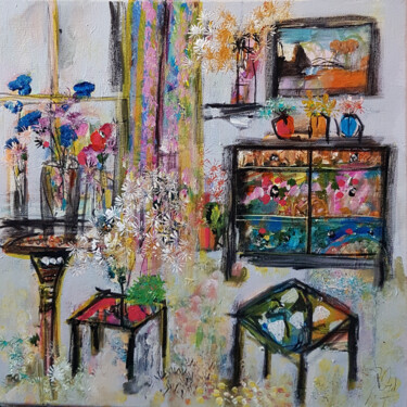 Painting titled "Salon de l'antiquai…" by Muriel Cayet, Original Artwork, Acrylic Mounted on Wood Stretcher frame