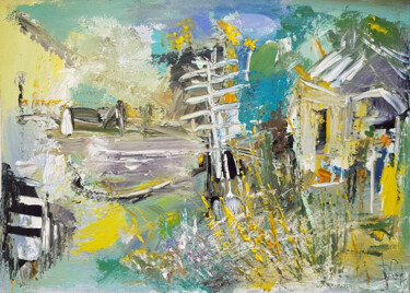 Peinture intitulée "Le hameau jaune" par Muriel Cayet, Œuvre d'art originale, Acrylique