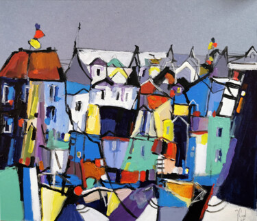 Peinture intitulée "Maisons-fanions" par Muriel Cayet, Œuvre d'art originale, Acrylique Monté sur Carton