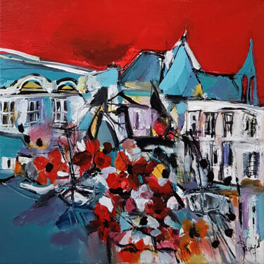 Painting titled "Place Bleue" by Muriel Cayet, Original Artwork, Acrylic Mounted on Wood Stretcher frame